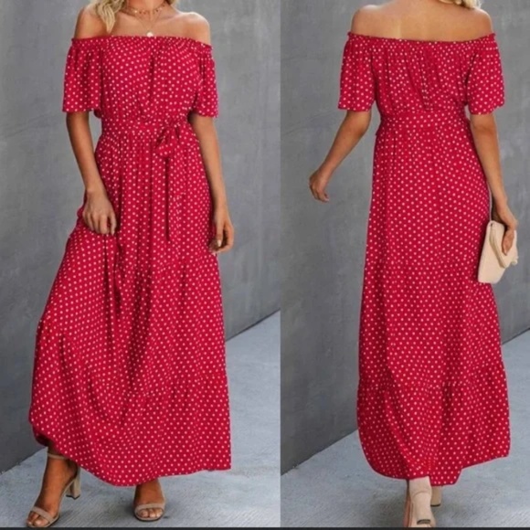 Bohemian Red polka dot off shoulder Belted Maxi dress - Picture 5 of 6